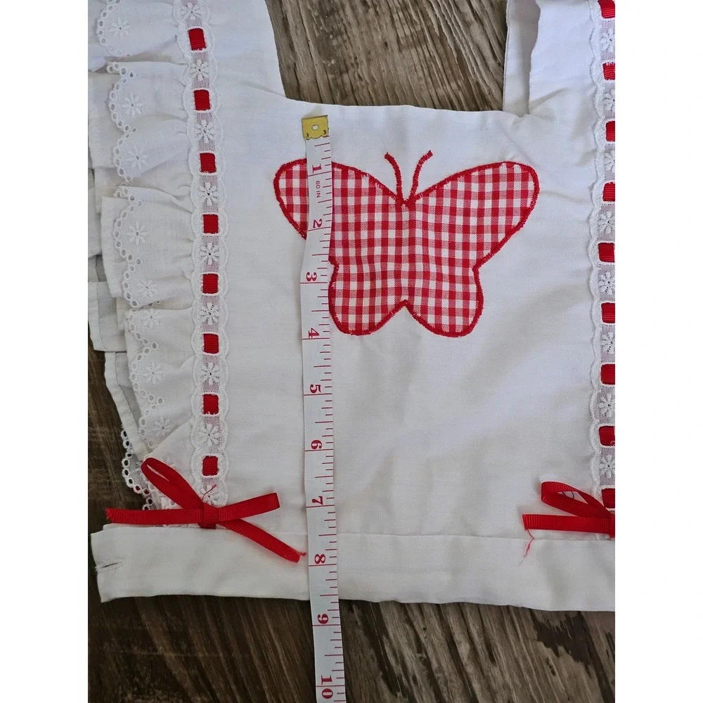 Vintage‎ Girls White Eyelet Lace Butterfly Pinafore Bib Top Red Gingham Bows